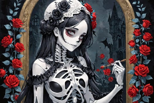 The image features a gothic art character wearing a skeleton-themed dress, adorned with roses and a detailed floral headpiece.