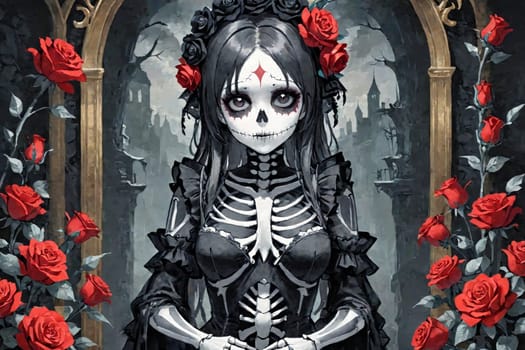 The image features a gothic art character wearing a skeleton-themed dress, adorned with roses and a detailed floral headpiece.