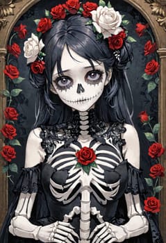 An anime character is depicted in a gothic-style skeleton dress with a floral crown, surrounded by roses.