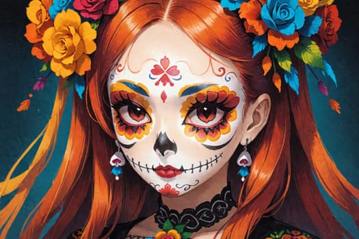An anime character is depicted with a floral headpiece, featuring bright and colorful flowers, blending nature with artistic elements.
