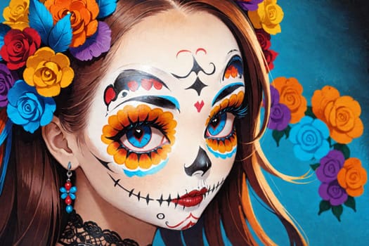 An anime character is depicted with a floral headpiece, featuring bright and colorful flowers, blending nature with artistic elements.