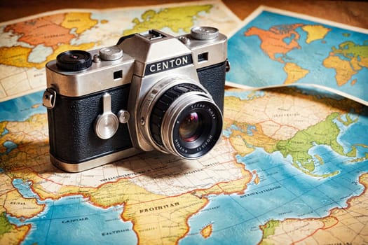 A retro camera is displayed on a detailed map, highlighting the themes of exploration and capturing memories.