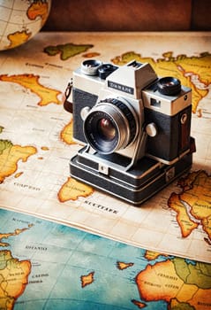 A vintage camera is set on an antique world map, evoking a sense of travel and exploration.