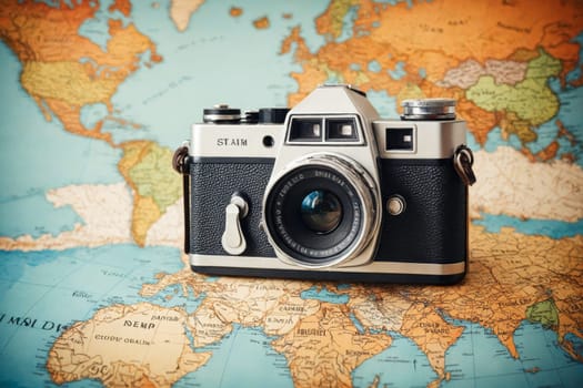 An old-fashioned camera is placed on a colorful world map, creating a visual connection between adventure and photography.