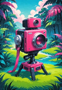 A colorful camera is depicted in an exotic tropical landscape, blending technology with nature in a striking visual.