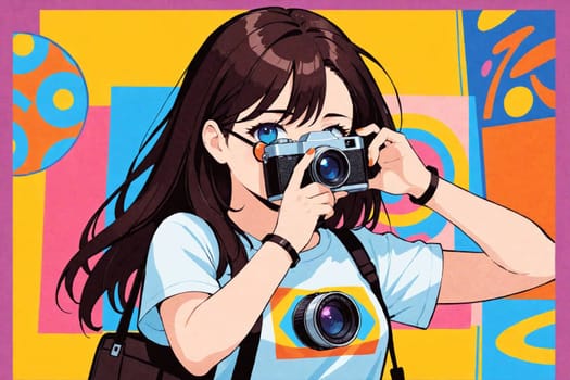 The image features an anime-style girl with brown hair, holding a blue camera, dressed in a blue shirt with a matching graphic.
