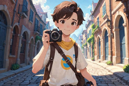 A boy with brown hair and a backpack holds a camera, capturing moments in a picturesque street lined with charming buildings.