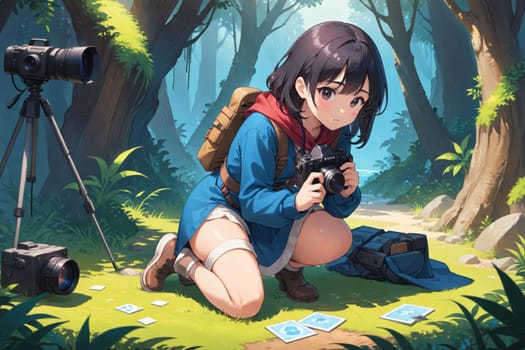 Enthusiast explores a sunlit forest with a camera and scattered cards, ready to capture stunning moments.