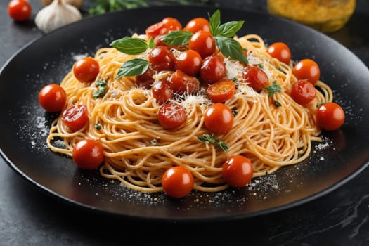 Freshly cooked pasta adorned with cherry tomatoes and herbs, ready to be enjoyed as a delightful meal.