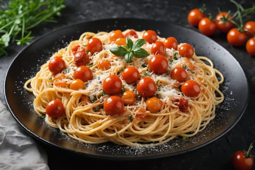 Italian spaghetti dish featuring vibrant cherry tomatoes, grated parmesan, and fresh basil on a black plate.