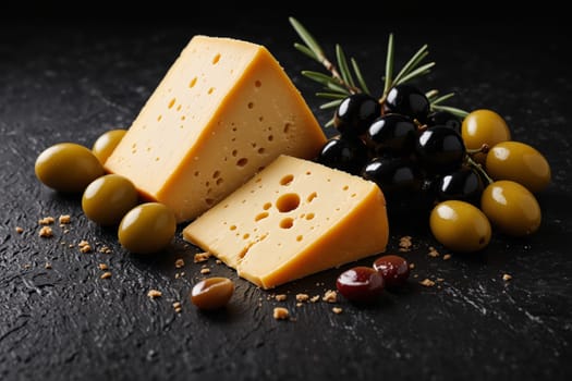 Assorted cheese slices with green and black olives, creating a delightful and appetizing presentation.