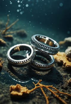 Luxurious gold rings with intricate diamond details showcased on a sandy seabed, highlighting their elegance and craftsmanship in a unique underwater scene.