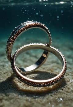 Elegant gold rings adorned with diamonds displayed underwater, creating a mesmerizing and unique presentation on a sandy seabed.