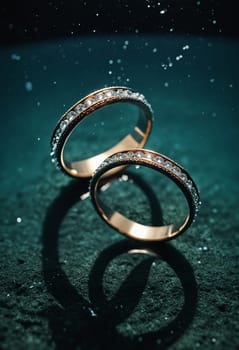 A pair of exquisite gold wedding bands featuring diamond accents, beautifully arranged in an underwater setting, captured with artistic flair.
