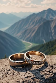 Luxurious rings featuring diamond accents, artistically displayed on a rocky surface, set against the majestic scenery of mountains.