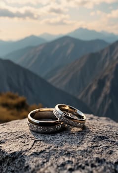 A pair of elegant gold wedding bands resting on a rocky outcrop, beautifully set against a stunning mountainous background.