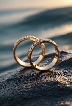 Elegant gold rings showcased on a rock by the sea, illuminated by the reflections of sunlight on the water.