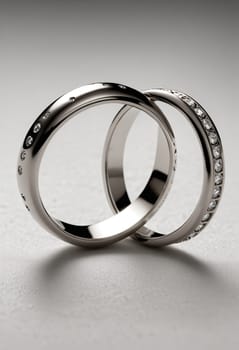 Two wedding bands rest on a sandy beach, illuminated by the golden light of the setting sun. The ocean waves gently lap at the shore in the background, creating a romantic and serene atmosphere.