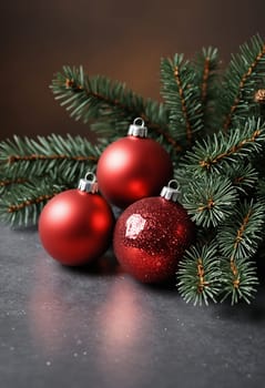 This image features a collection of Christmas ornaments, including two red and one blue, resting on a bed of fresh evergreen branches against a dark background. The ornaments are shiny and reflective, adding a touch of sparkle and holiday cheer to the scene.