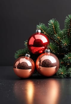This image features a collection of Christmas ornaments, including two red and one blue, resting on a bed of fresh evergreen branches against a dark background. The ornaments are shiny and reflective, adding a touch of sparkle and holiday cheer to the scene.