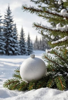 A white Christmas ornament sits nestled amongst the evergreen branches of a pine tree. The background shows a snowy forest with snow-covered trees and a bright, sunny sky.