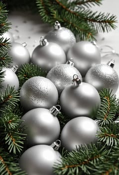 A cluster of silver Christmas ornaments rests amongst evergreen branches, creating a festive and elegant display. The smooth, reflective surfaces of the ornaments catch the light, adding a touch of sparkle to the scene.