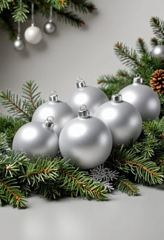 A cluster of silver Christmas ornaments rests amongst evergreen branches, creating a festive and elegant display. The smooth, reflective surfaces of the ornaments catch the light, adding a touch of sparkle to the scene.