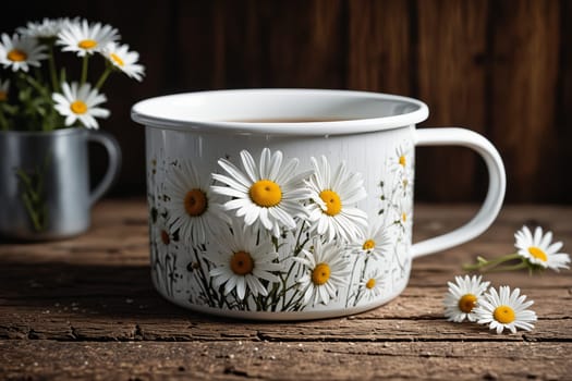 A white mug with a daisy pattern sits on a rustic wooden table, surrounded by a bouquet of daisies in a glass vase. The mug is partially visible, with its handle facing towards the right side of the image. The daisies are arranged in a cluster in the center of the image, with a few of them slightly out of focus. The background is a blurry wooden wall, providing a natural and rustic backdrop for the still life.