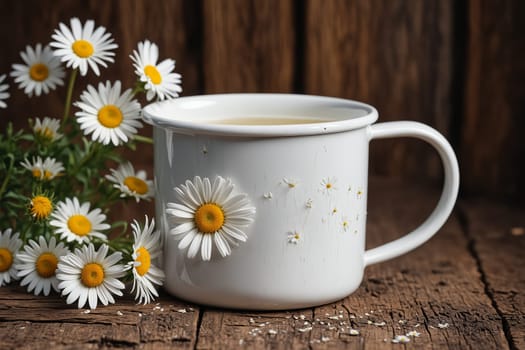 A white mug with a daisy pattern sits on a rustic wooden table, surrounded by a bouquet of daisies in a glass vase. The mug is partially visible, with its handle facing towards the right side of the image. The daisies are arranged in a cluster in the center of the image, with a few of them slightly out of focus. The background is a blurry wooden wall, providing a natural and rustic backdrop for the still life.