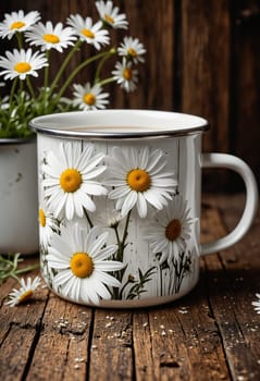 A white enamel mug with a daisy print sits on a rustic wooden surface, surrounded by a bouquet of daisies. The mug is filled with a warm beverage, and the image evokes a sense of tranquility and simple pleasures.