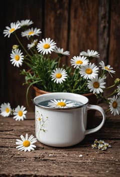 A white enamel mug filled with water sits on a rustic wooden table. A single daisy floats in the water, while a bouquet of daisies surrounds the mug. The daisies are a delicate white with yellow centers, and the image captures the beauty and simplicity of nature.