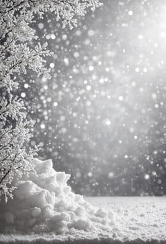 A snowy winter scene with a snowdrift in the foreground, framed by a branch of a tree covered in frost. Snowflakes fall gently from the sky, creating a soft, ethereal atmosphere. The image is captured in a soft, muted color palette, highlighting the beauty of a winter wonderland.