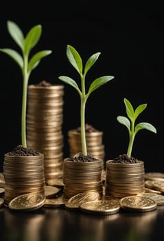 The image shows three green shoots growing from stacks of gold coins on a black background. The shoots are of different sizes, symbolizing growth and progress. The image suggests the concept of financial investment and wealth creation.