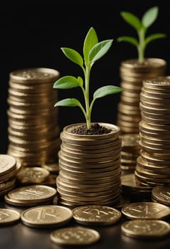 A small green plant sprouts from a pile of coins, representing the growth and prosperity that can come from investing and saving. The plant stands tall amidst the golden and silver coins, symbolizing the power of financial growth and the potential for a brighter future.