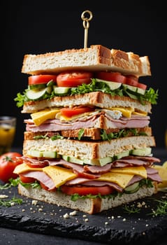 A close-up view of a towering ham and egg sandwich with fresh cucumbers, tomatoes, and lettuce, all layered between two slices of bread on a dark surface.