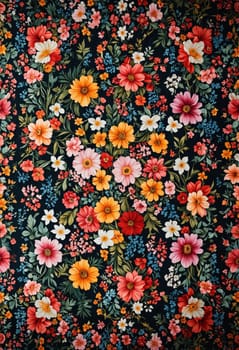 A close-up image of a floral patterned fabric with a dark blue background. The fabric features a variety of colorful flowers, including orange, pink, yellow, white, and blue. The flowers are arranged in a dense, overlapping pattern, creating a sense of depth and vibrancy.