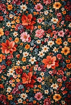A captivating floral pattern featuring an array of colorful flowers, including orange, pink, white, and red blooms, on a rich navy blue background. The intricate details of each blossom create a visually stunning and captivating design, reminiscent of a vintage tapestry.