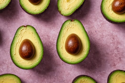 This image features several ripe avocado halves, artfully arranged on a pink background. The avocado flesh is a vibrant green, with the pits still intact, and the skin is a dark green. The pink background provides a contrasting backdrop, enhancing the natural beauty of the avocados.