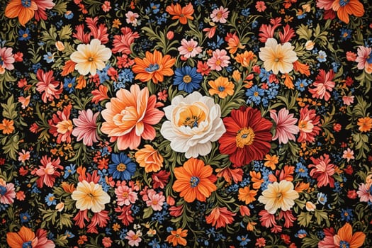 This close-up shot showcases a traditional Russian floral scarf design, featuring a vibrant assortment of colorful flowers, leaves, and stems on a dark background. The intricate detail and exquisite craftsmanship of the design are apparent in the delicate strokes of the artists brush. This scarf would be a stunning and unique piece of clothing, perfect for adding a touch of traditional beauty to any outfit.