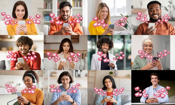 A collage image displays twelve individuals, each holding a smartphone and looking at the screen with expressions of joy, excitement, and satisfaction.