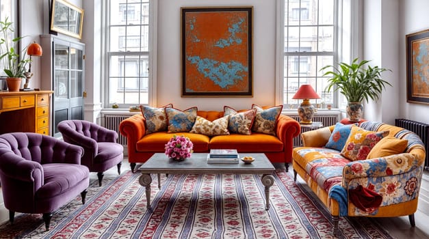 A living room filled with various furniture pieces including a sofa, table, carpet, and a painting hanging on the wall - Generative AI