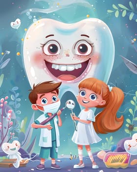Children exploring dental care with a gigantic smiling tooth and toothbrushes