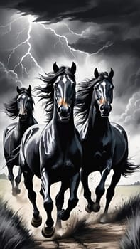 Black Horses Are Running Wild. Black horses gallop across a field where a dramatic cloudy and lightning storm sky looms.