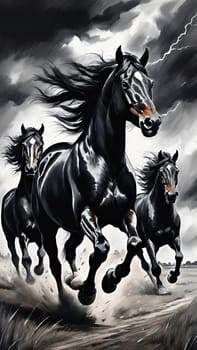 Black Horses Are Running Wild. Black horses gallop across a field where a dramatic cloudy and lightning storm sky looms.