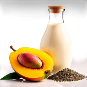 Quinoa milk in a glass bottle served with a side of fresh mango chunks and. Milk product isolated on transparent background