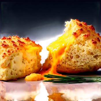 Cheese scone cheddar cheese melting chives scattering steam swirling Food and Culinary concept. Food isolated on transparent background.