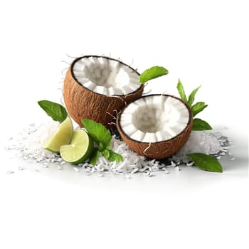 Coconut mojito tropical and minty with coconut flakes and lime wedges tumbling in a Caribbe. Food isolated on transparent background.