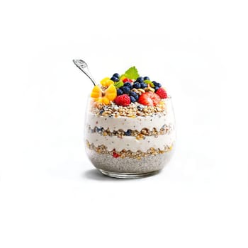 Overnight chia oats creamy oats layered with chia seeds and fruit with a spoon scooping. Food isolated on transparent background.