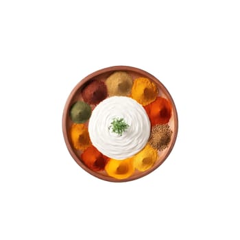 Tandoori masala spices mandala an arrangement of garam masala turmeric and paprika with powder dusting. Food isolated on transparent background.