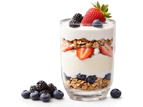 Yogurt Parfait layered yogurt parfait made with granola berries and honey. Food isolated on transparent background.